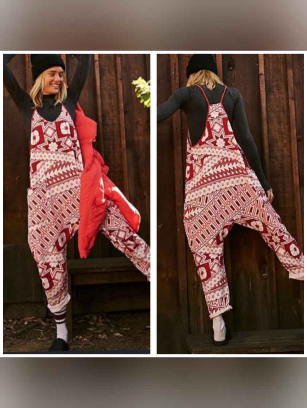 Free People Hot Shot Printed Jumpsuit Geo Lattice Dark Cherry XS